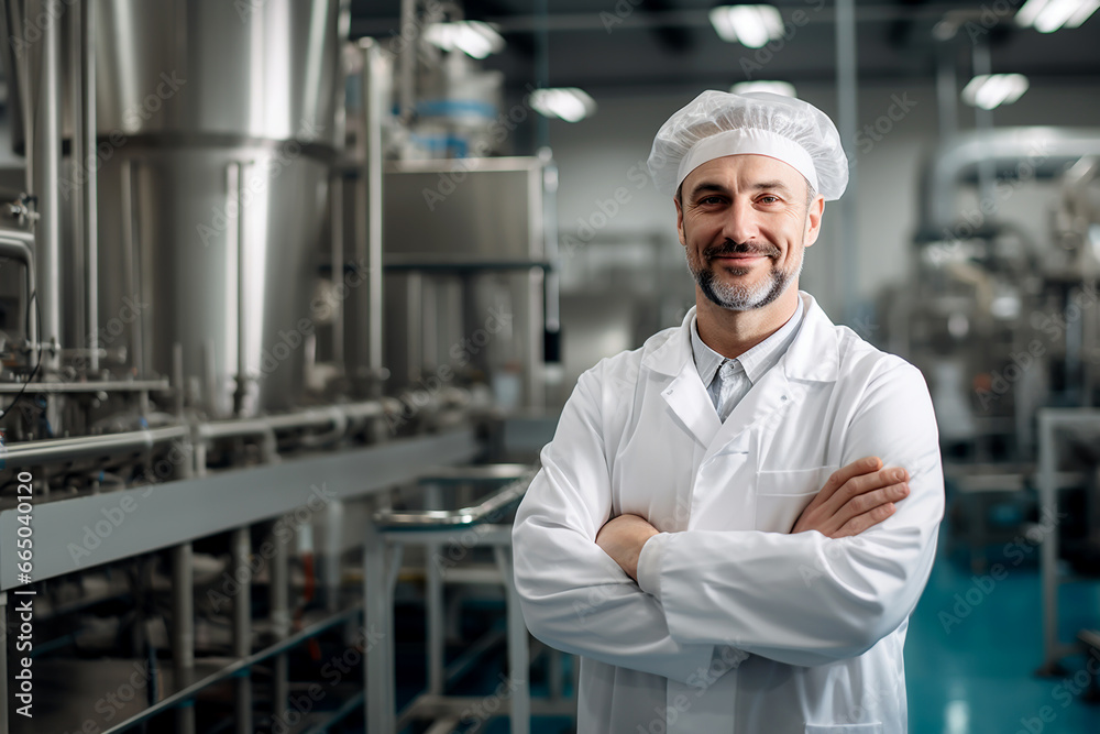 SMILING BUSINESS MAN MANAGER OF A FOOD ENTERPRISE CONTROLS THE PRODUCTION PROCESS, HORIZONTAL IMAGE. image created by legal AI