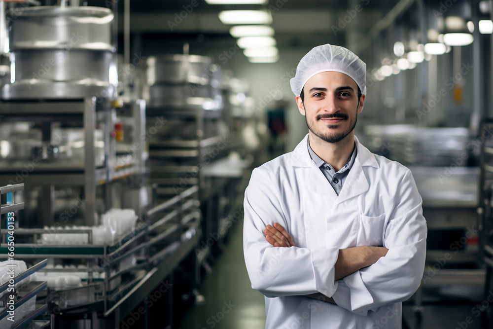 SMILING BUSINESS MAN MANAGER OF A FOOD ENTERPRISE CONTROLS THE PRODUCTION PROCESS, HORIZONTAL IMAGE. image created by legal AI