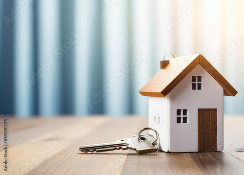 White house model and house keys on the table on blue background. Mortgage, loan approval, home loan and insurance concept © Elena