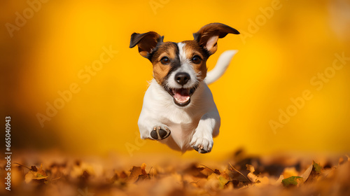 Happy jack russell terrier dog running in an autumn sunny park photo