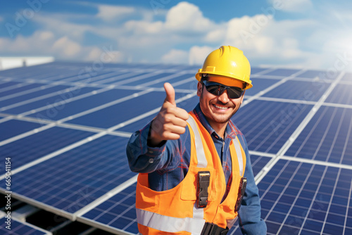 SOLAR PANEL INSTALLER SHOWING THUMBS UP. HORIZONTAL IMAGE. image created by legal AI