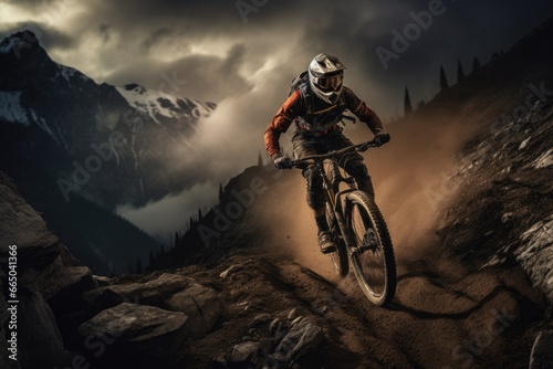 Mountain biker navigating a rugged trail.