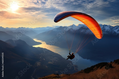 Paraglider soaring over scenic landscapes.