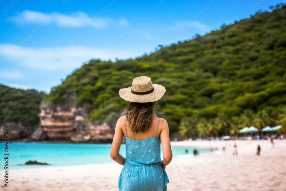 Woman in straw hat walking on tropical beach, back view.