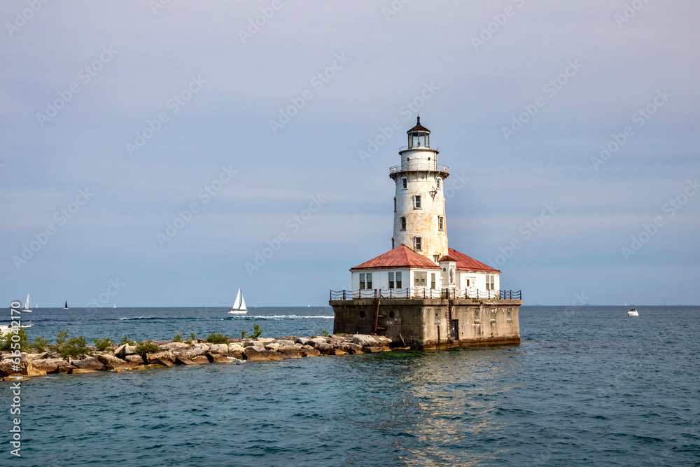 Historic old lighthouse on Lake Michigan in Chicago, Illinois, USA 