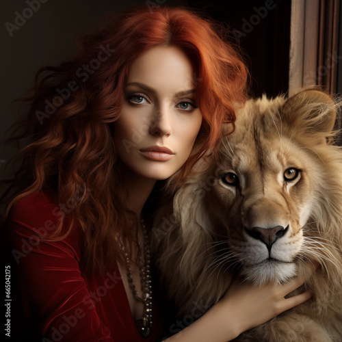 portrait of a red haired woman with a lion