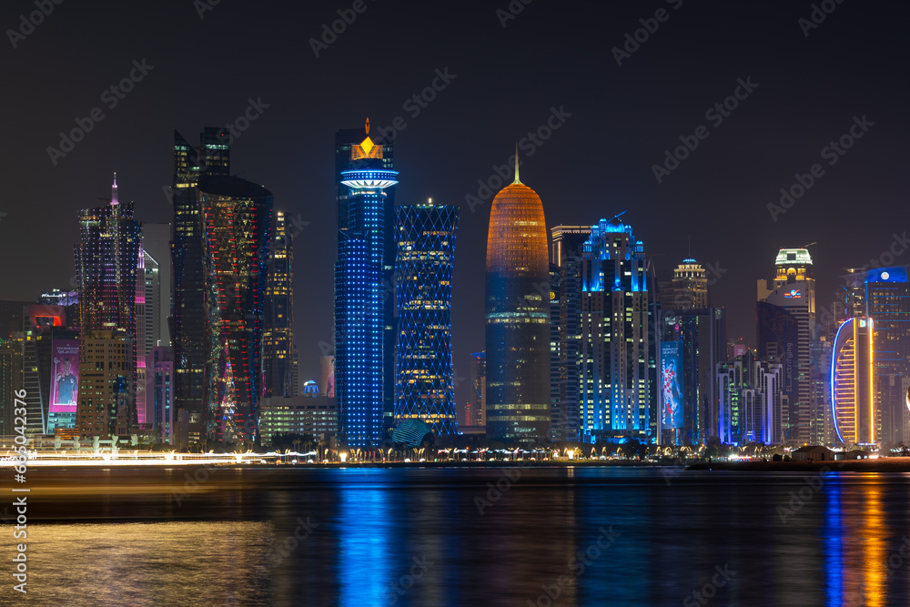 The West Bay city skyline at night, Doha, Qatar.