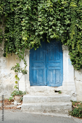 Old door on the Greek island of Crete covered in creepers and plants