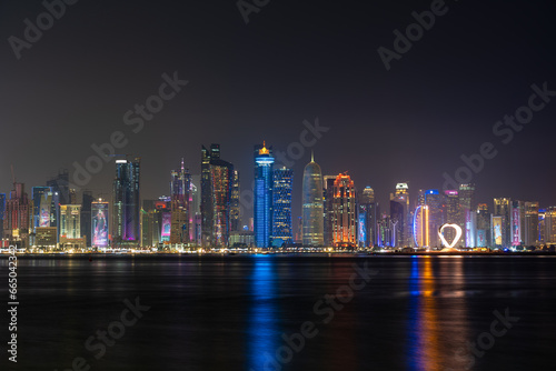 The West Bay city skyline at night, Doha, Qatar.