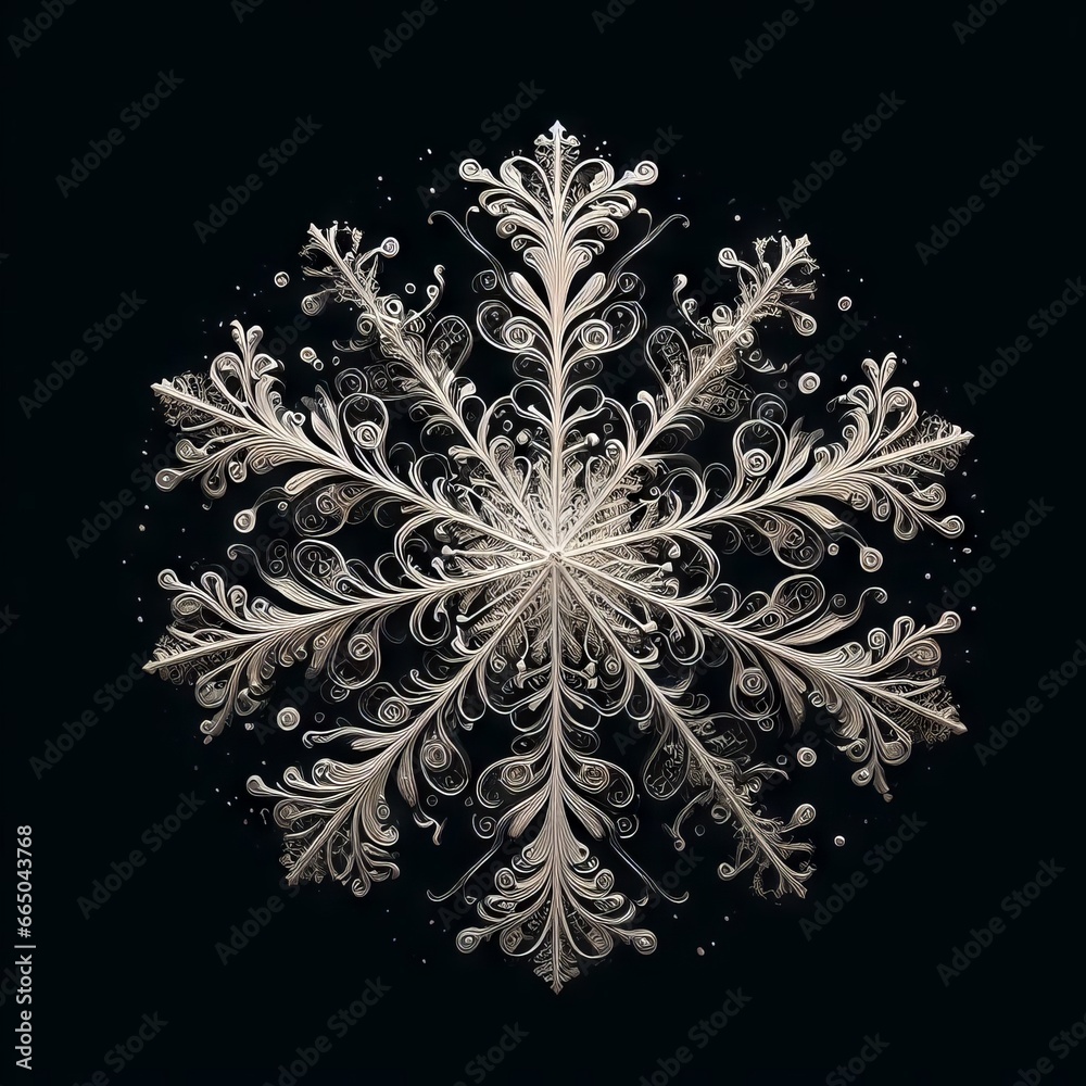 Intricate Snowflake with Elaborate Patterns on a Black Background: A Stunning Display of Nature's Artistry Intricate Snowflake with Elaborate Patterns on a Black Background: A Stunning Display of Nature's Artistry