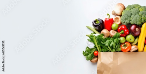 Healthy food in paper bag vegetables and fruits on white background.