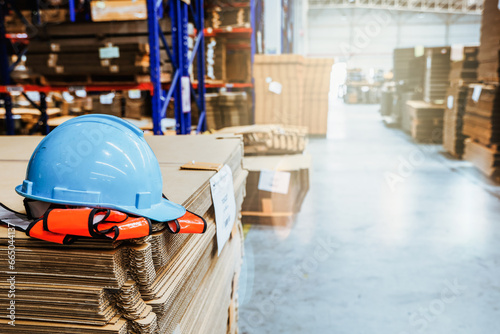Konstfotografi Working safely and protecting yourself from accidents safety helmet : Hardhats are placed in the workplace inside the warehouse production and export factory modern logistics with secure systems