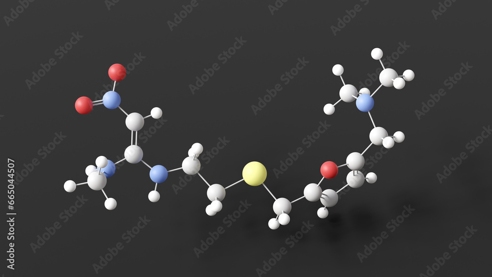 ranitidine molecule, molecular structure, histamine h2-antagonists, ball and stick 3d model, structural chemical formula with colored atoms
