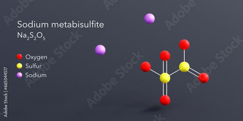 sodium metabisulfite molecule 3d rendering, flat molecular structure with chemical formula and atoms color coding photo