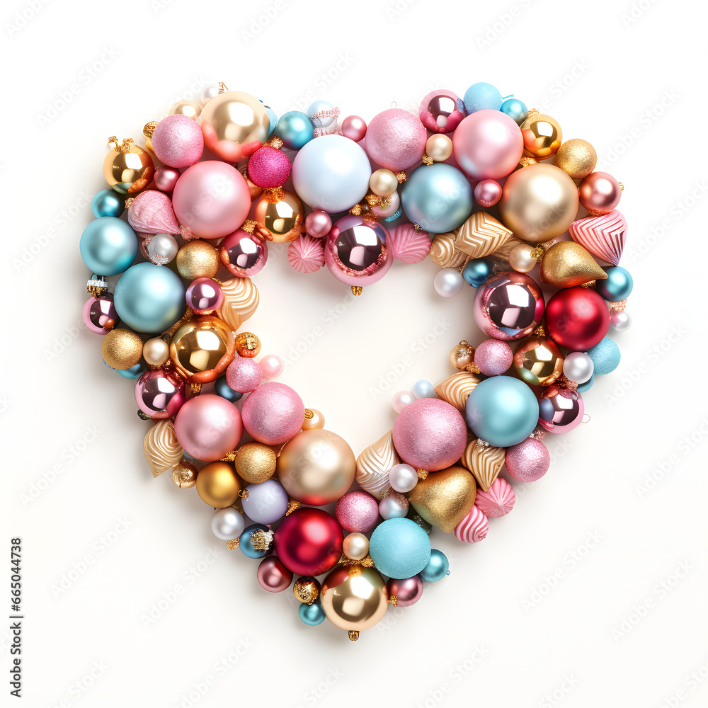 A beautiful heart frame made of colorful Christmas balls. Minimal holiday and love concept. White background A beautiful heart frame made of colorful Christmas balls. Minimal holiday and love concept. White background