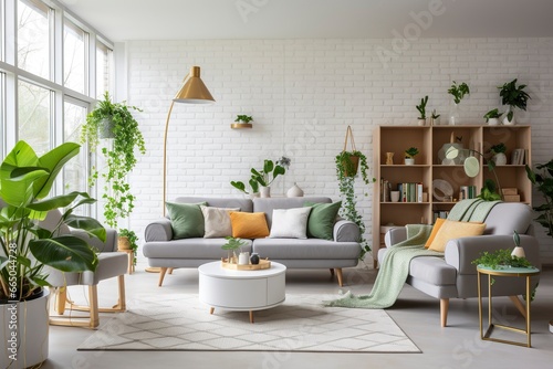 Interior of living room with sofas, tables, and houseplants.