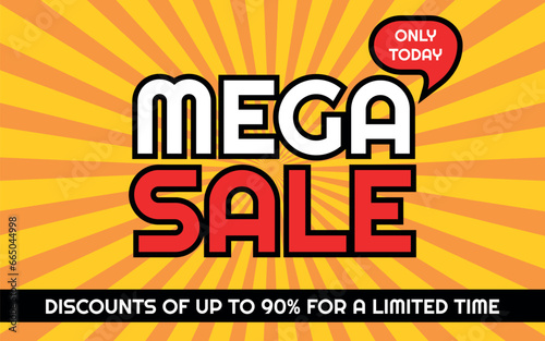 Mega Sale Advertising Banner  Template Red  Black and White  Sunburst Orange and Yellow Background  Removable Texts to Edit  Only Today  90  off.