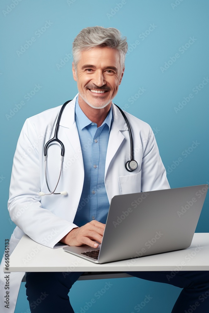 Happy male doctor watching an online medical webinar or training seminar while sitting with a laptop in the workplace Happy male doctor watching an online medical webinar or training seminar while sitting with a laptop in the workplace