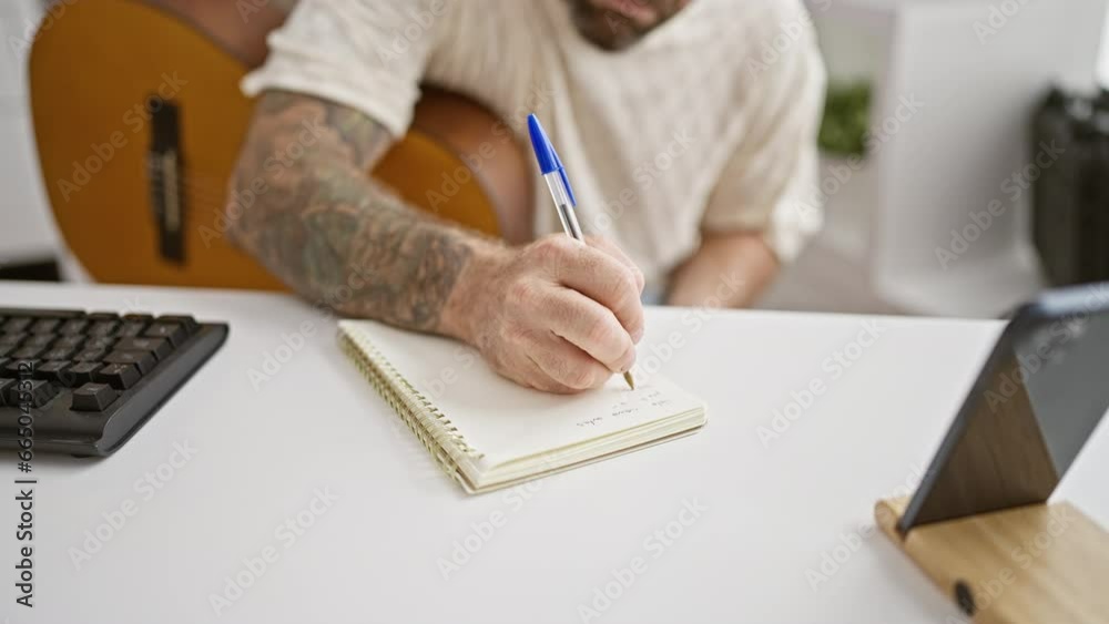 Handsome young man, relaxed & concentrating, composing classic music, playing acoustic guitar in cozy music studio Handsome young man, relaxed & concentrating, composing classic music, playing acoustic guitar in cozy music studio