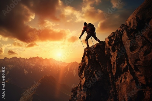 Rock climber ascending a challenging cliff.