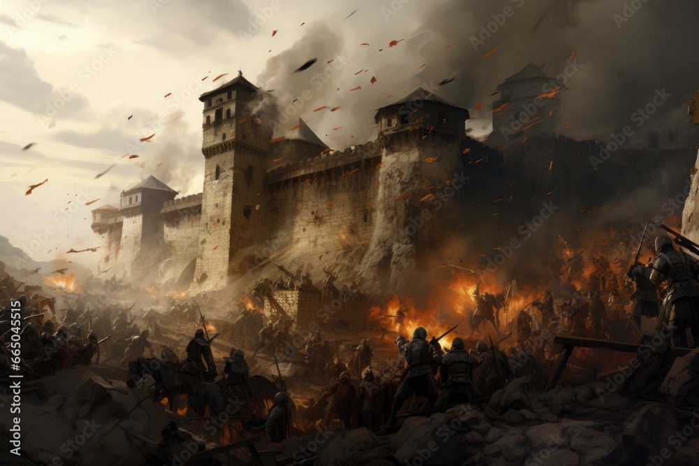 Siege of a medieval castle. - obrazy, fototapety, plakaty 