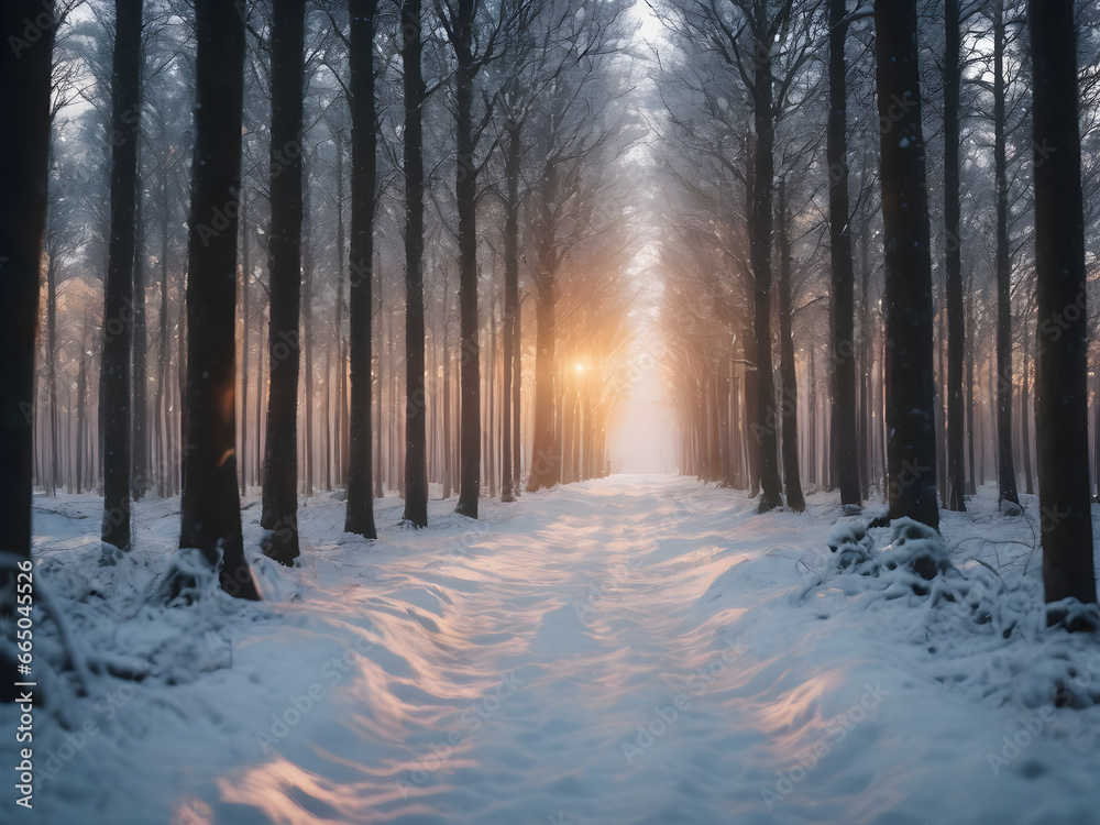 Sunset in the wood in winter Sunset in the wood in winter