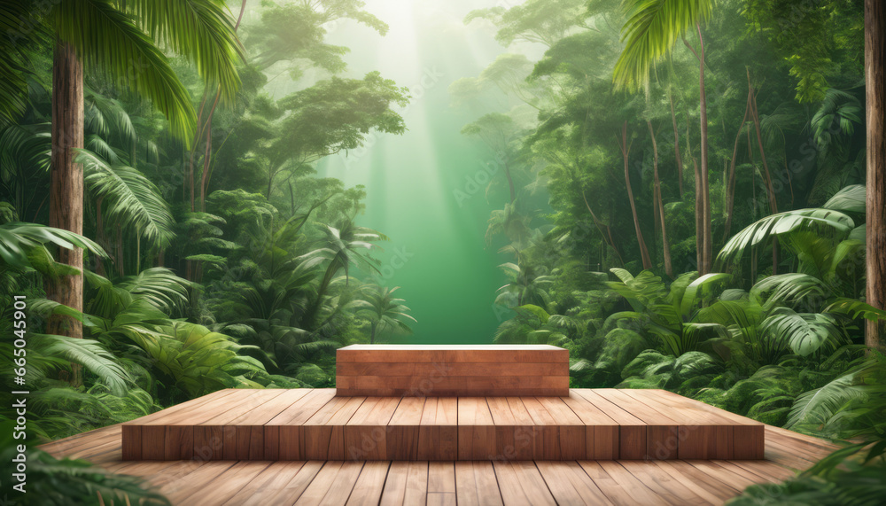 a product on a wooden platform surrounded by a vibrant tropical jungle a product on a wooden platform surrounded by a vibrant tropical jungle