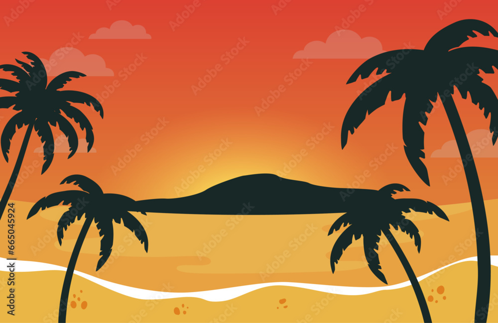 summer sunset beach palm silhouettes background