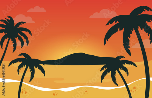 summer sunset beach palm silhouettes background