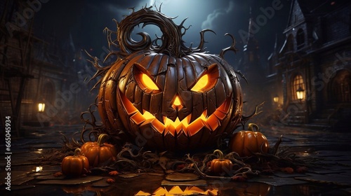 Creepy Pumpkin, illustration 3d on dark background. Halloween concept with AI generation