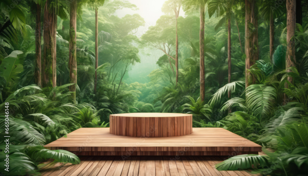 a product on a wooden platform surrounded by a vibrant tropical jungle a product on a wooden platform surrounded by a vibrant tropical jungle