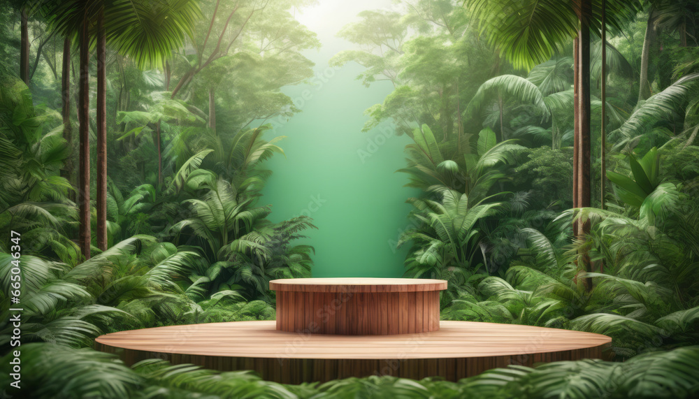 Fototapeta premium a product on a wooden platform surrounded by a vibrant tropical jungle