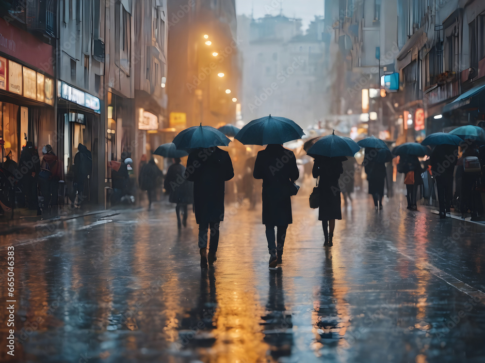 people with umbrellas walk the wet streets. rainy autumn day