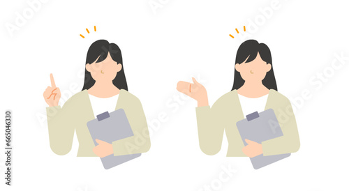 バインダーを持ち説明と案内をするスーツの女性のイラスト