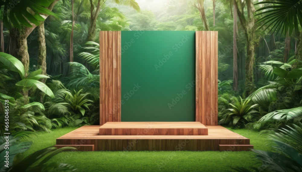 a product on a wooden platform surrounded by a vibrant tropical jungle