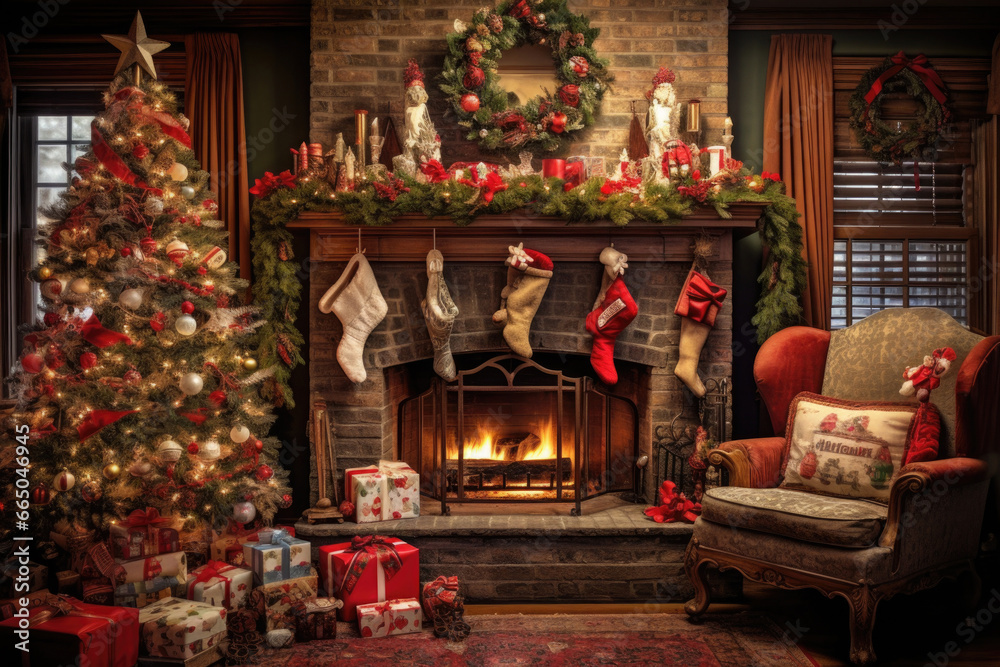 Stylish living room decorated for winter holidays. Cozy interior with festive Christmas tree. New Year background