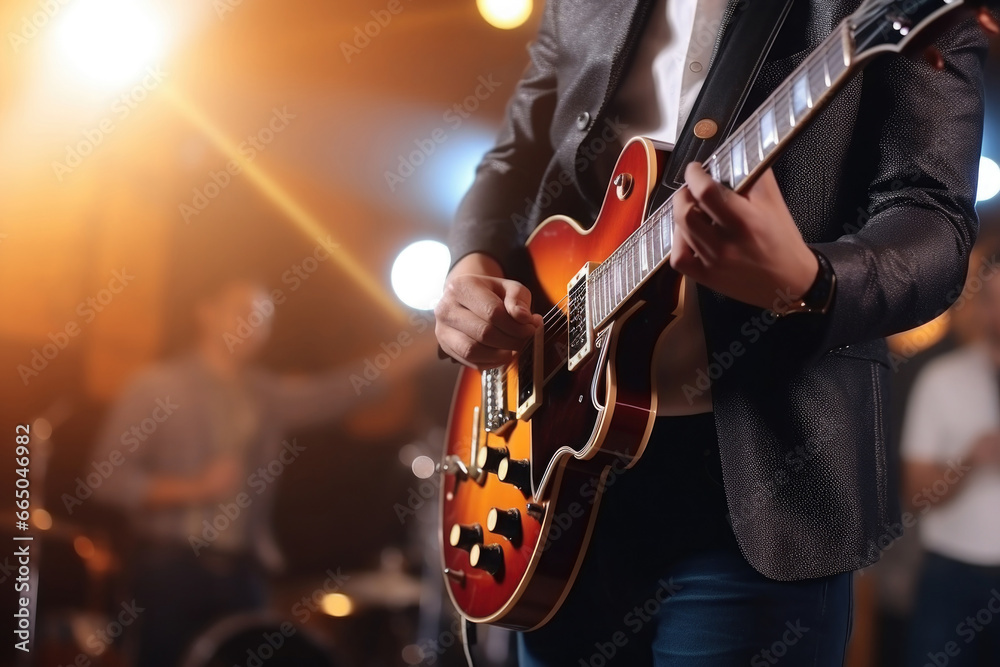 Obraz premium Musician playing guitar on scene with spotlights. Musical band at concert