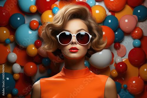 Woman fashion portrait. Stylish female model with polka dot elements and sunglasses looking at camera