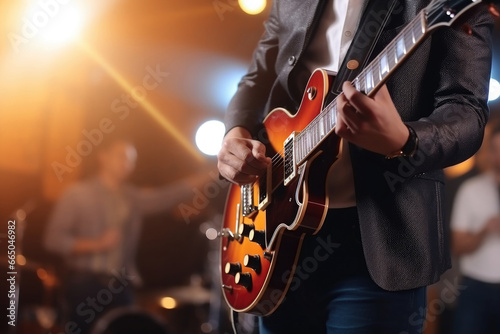 Musician playing guitar on scene with spotlights. Musical band at concert