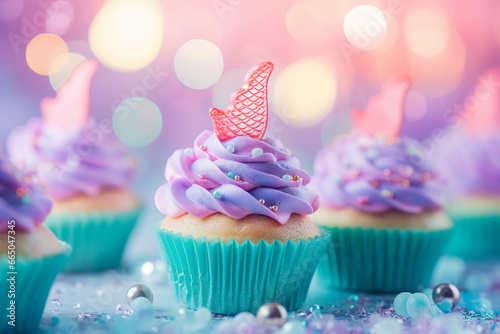 mermaid themed birthday party: mermaid shell pastel color cupcakes on a pastel bokeh background