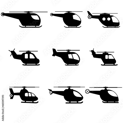 Helicopter icon set. Aircraft graphic resources for icon, symbol, or sign. Vector icon of helicopters for design of flight, aviation or transport