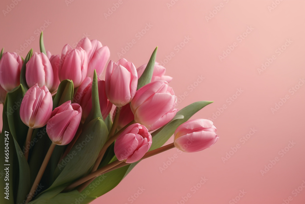 Bouquet of tulips on a pink background, close up