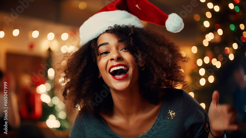 Head shot portrait overjoyed African American woman laughing, looking at camera, posing on Christmas tree background at home. Ai generated