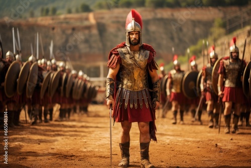 Warriors training in a Roman military camp.