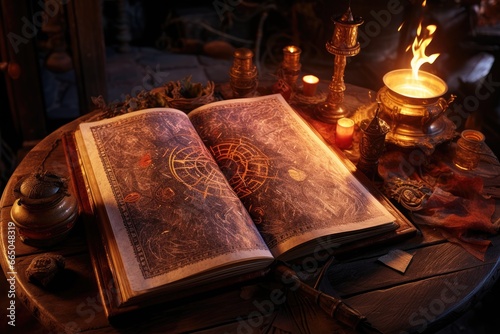 Wizard's ancient spellbook on a desk.