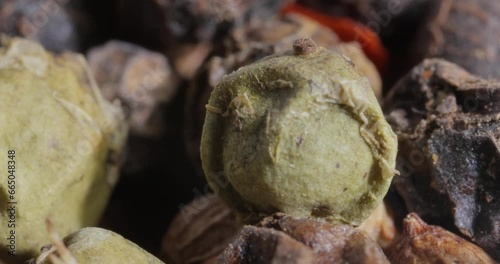 Peppercorns or mixture of peppers spice. Red, white black and green hot pepper Super Macro Close Up photo