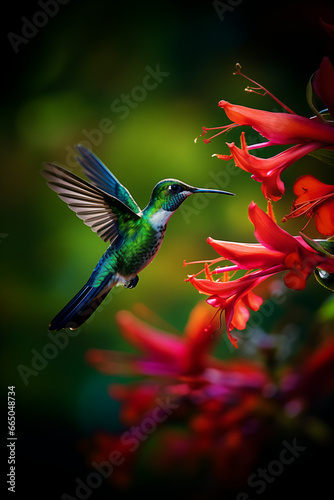 A vibrant blur of life and color as a tiny hummingbird flits beside a crimson flower, its wings beating in a graceful dance amidst the wild outdoors © 123dartist