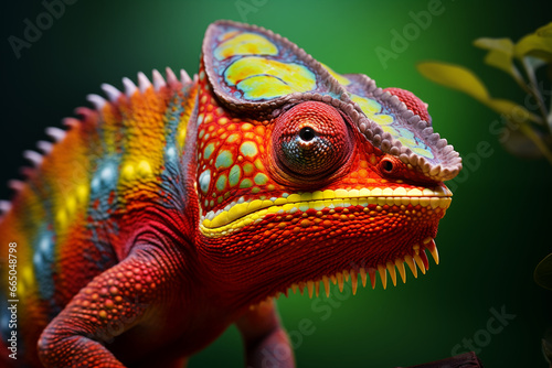 A vibrant chameleon prowls the wild, its razor-sharp teeth gleaming as it blends into its outdoor surroundings, a stunning display of reptilian prowess and ferocity © 123dartist