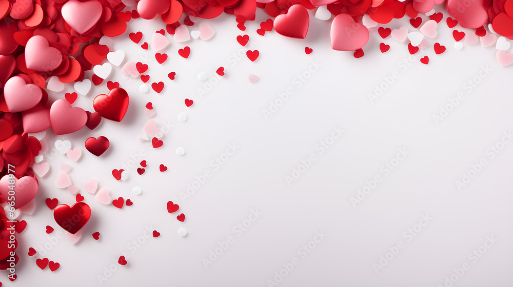 Fondo temático de San Valentín corazones rojos y colores pasterl con espacio para texto y confetis de corazones 