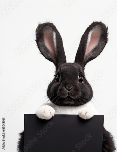 Fluffy rabbit looks at the sign. Easter Bunny. Rabbit for advertising. © Екатерина Переславце